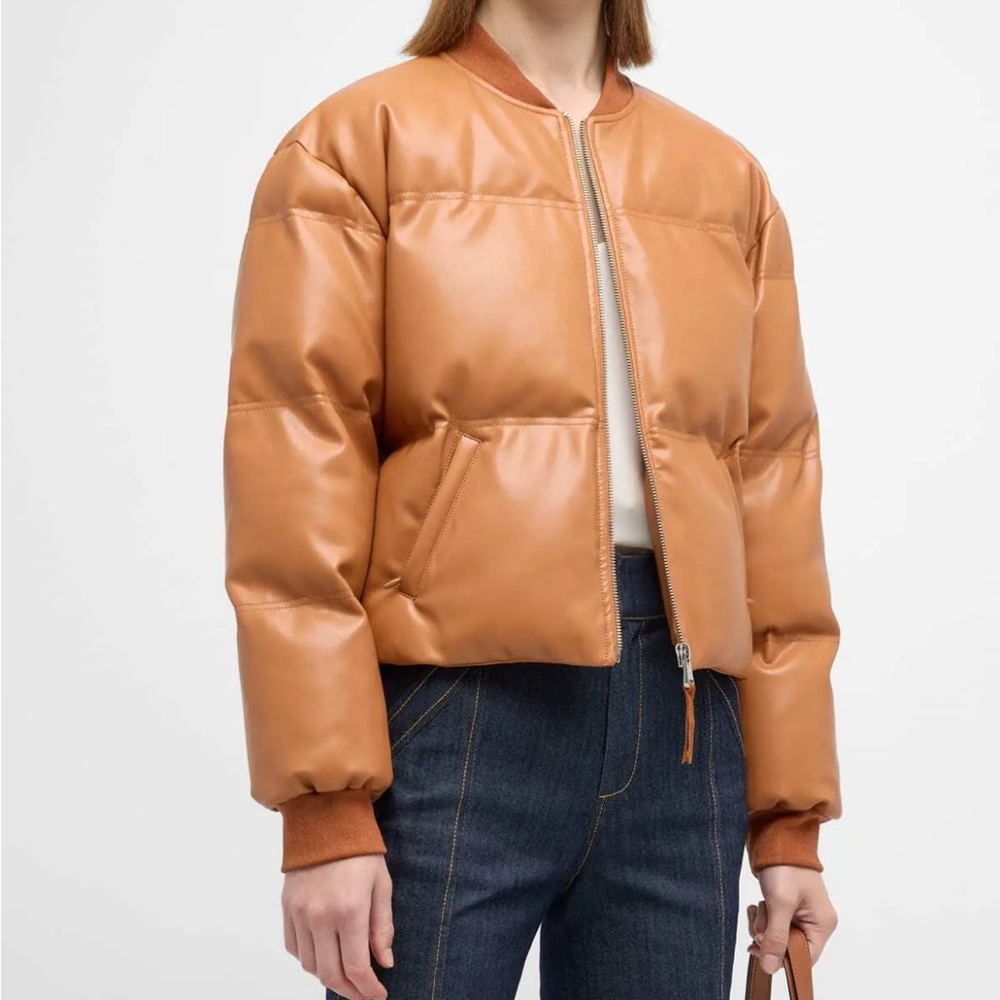 New Cinq A Sept Chestnut Brown Faux Leather Zip Winter Bomber Puffer Jacket